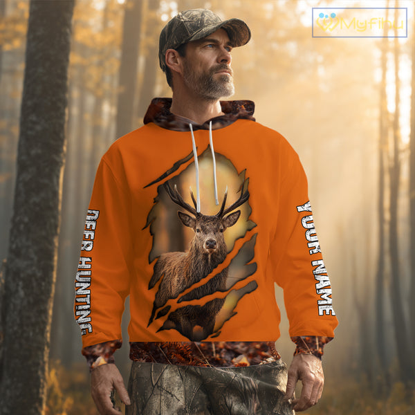 Deer Hunting Shirt Orange Forest Camo Hoodie, Long Sleeve Custom Name For Men NHT06