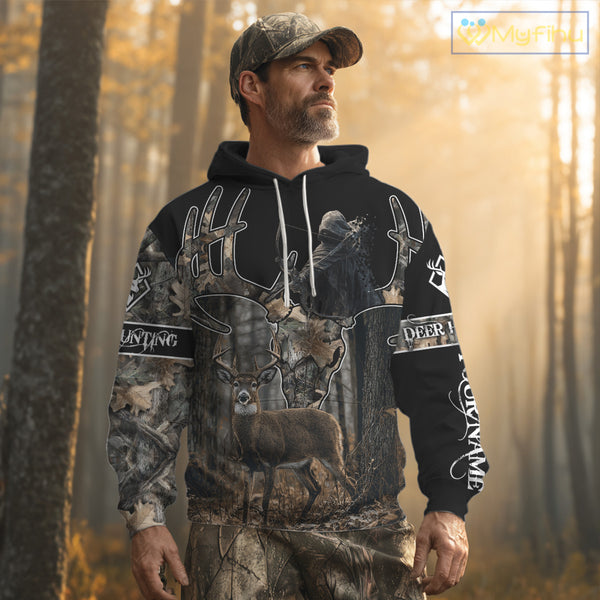 Best Season Whitetail Deer Hunting Shirt Custom Name Black Camo Forest Gift For Hunters NHT54