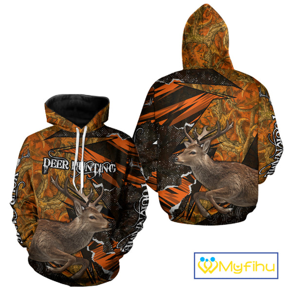 Best Deer Hunting Shirt Personalized 3D All Over Print Black With Orange Camo Hunting Clothes NHT61