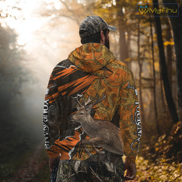 Best Deer Hunting Shirt Personalized 3D All Over Print Black With Orange Camo Hunting Clothes NHT61