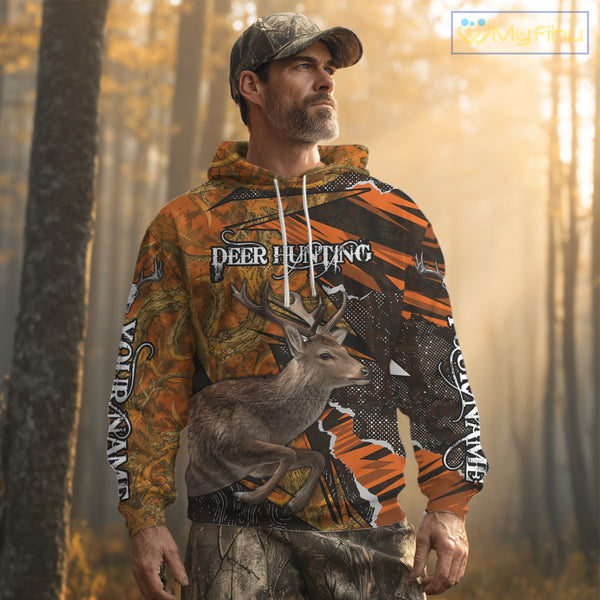Best Deer Hunting Shirt Personalized 3D All Over Print Black With Orange Camo Hunting Clothes NHT61