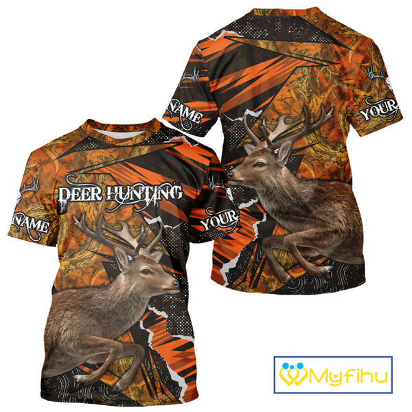 Best Deer Hunting Shirt Personalized 3D All Over Print Black With Orange Camo Hunting Clothes NHT61