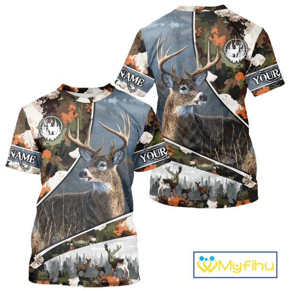 Best Custom Name Hunting Deer 3D Shirt With All Over Whitetail Deer Print And Camouflage NHT70
