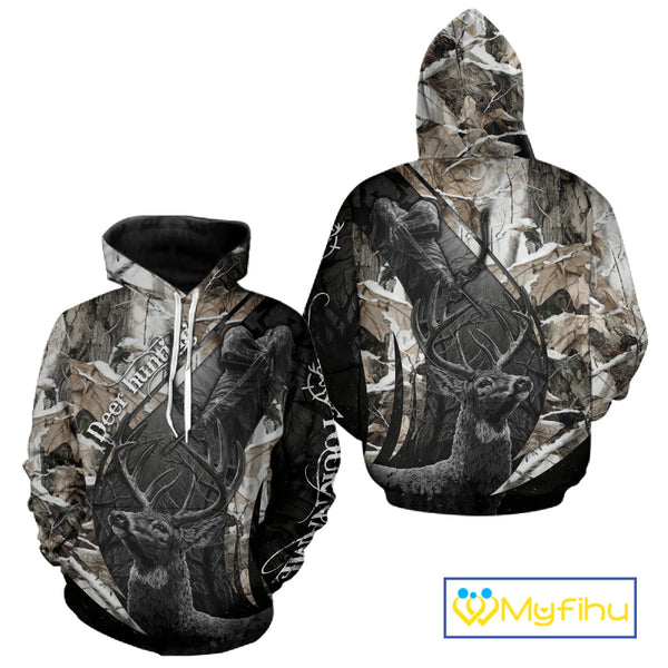 Custom 3D Deer Hunting Shirt With Black Deer Grim Reaper Winter Camo For Deer Hunting Season NHT74