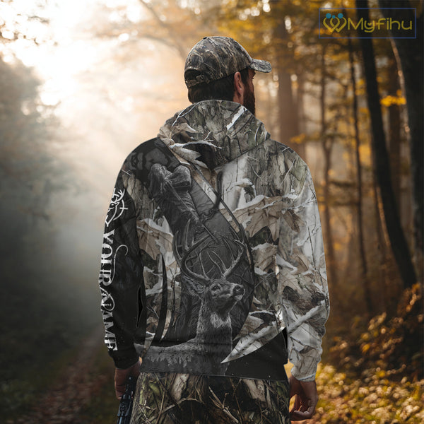 Custom 3D Deer Hunting Shirt With Black Deer Grim Reaper Winter Camo For Deer Hunting Season NHT74