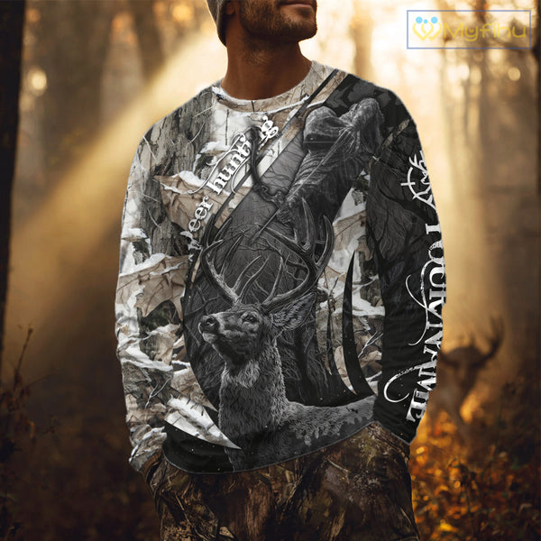 Custom 3D Deer Hunting Shirt With Black Deer Grim Reaper Winter Camo For Deer Hunting Season NHT74