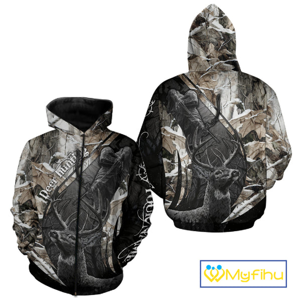 Custom 3D Deer Hunting Shirt With Black Deer Grim Reaper Winter Camo For Deer Hunting Season NHT74