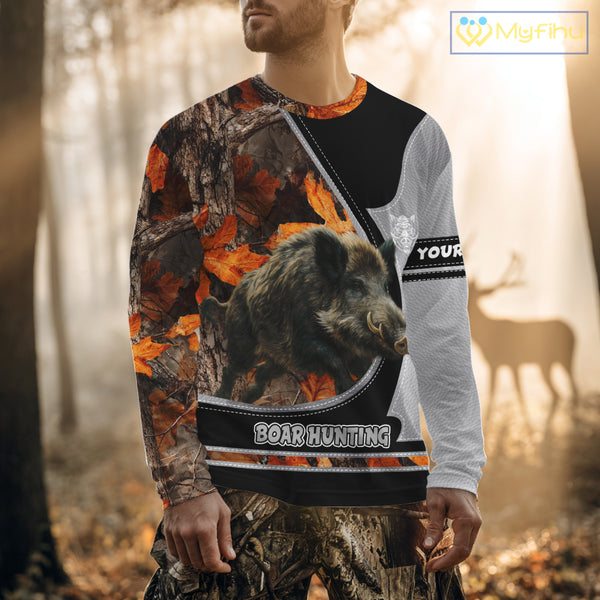Wild Boar Hunting Gray Black Orange Camo 3D All Over Printed Shirts Custom Name Hunting Gift NHT104