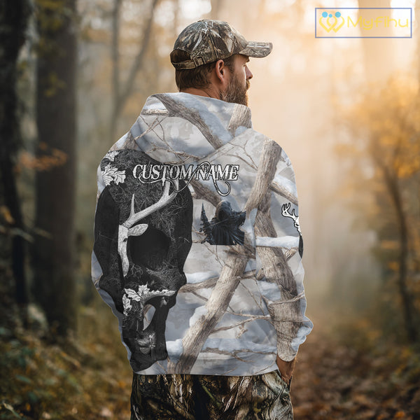 Snow Deer Hunting Shirt Deer Skull Camo Full Printing Custom Name For Deer Hunters, Best Hunting Gifts NHT21