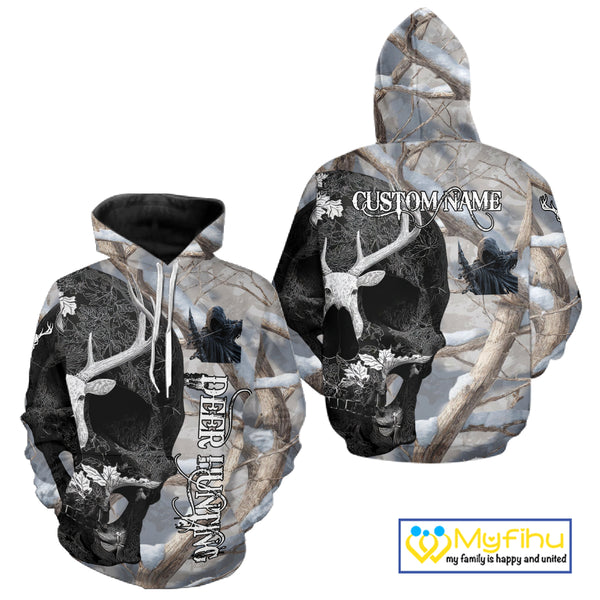 Snow Deer Hunting Shirt Deer Skull Camo Full Printing Custom Name For Deer Hunters, Best Hunting Gifts NHT21