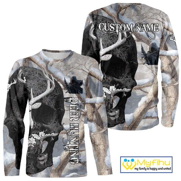 Snow Deer Hunting Shirt Deer Skull Camo Full Printing Custom Name For Deer Hunters, Best Hunting Gifts NHT21