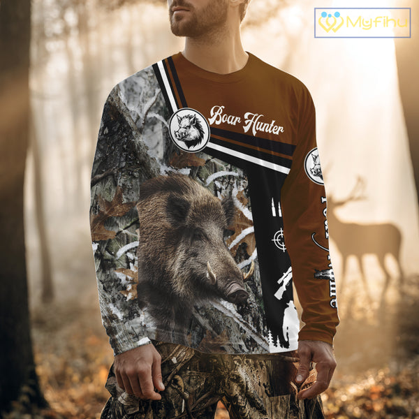 Boar Hunting Brown Camo Snow Winter 3D Shirt For Hunting Season Hunting Clothes For Hunters NHT120