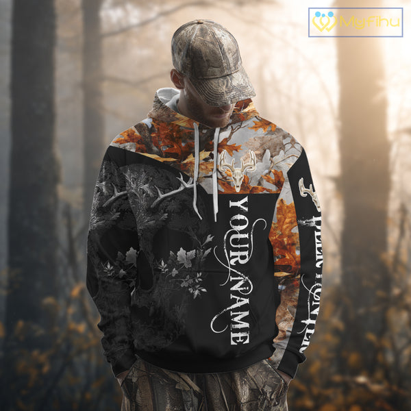 Custom Black Orange Forest Camo Deer Hunting Shirt For Men | 3D Full Print Hunting Clothes NHT58