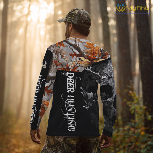 Custom Black Orange Forest Camo Deer Hunting Shirt For Men | 3D Full Print Hunting Clothes NHT58