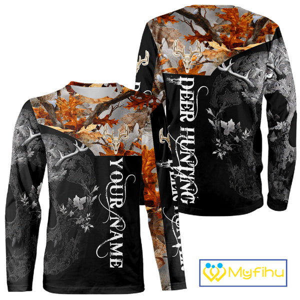 Custom Black Orange Forest Camo Deer Hunting Shirt For Men | 3D Full Print Hunting Clothes NHT58