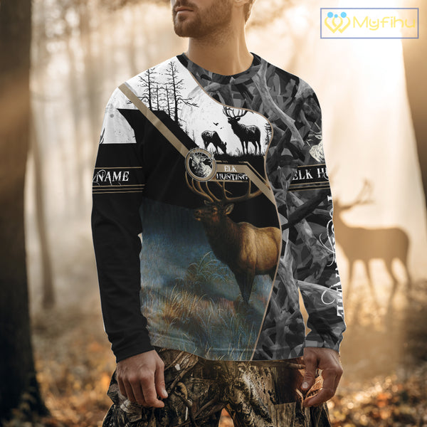 Custom 3D Elk Hunting Shirt With Black Camo Pattern And Full All-Over Elk Print For Hunters  NHT78