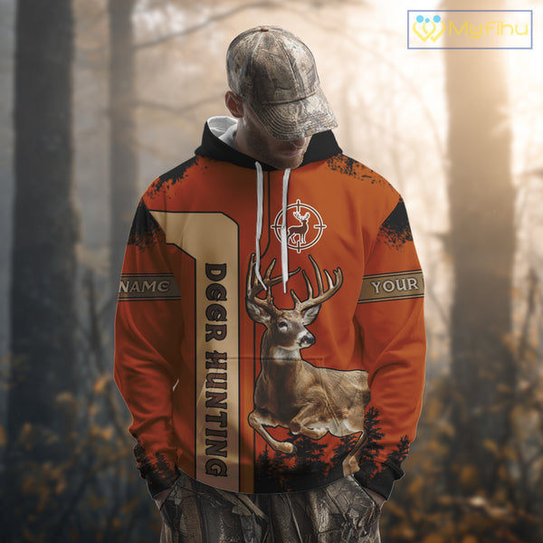 Custom Orange Whitetail Deer Hunting 3D Shirt With Name Print For Hunters, Hunting Gift NHT69