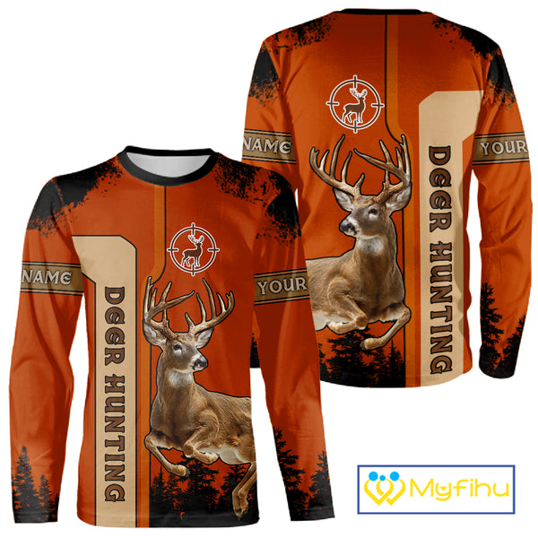 Custom Orange Whitetail Deer Hunting 3D Shirt With Name Print For Hunters, Hunting Gift NHT69