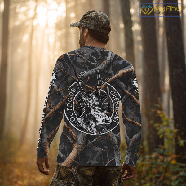 Deer Hunting Grey Camo 3D Shirts with Antler Skull Graphic, Funny Hunting Outfit for Hunters NBT71
