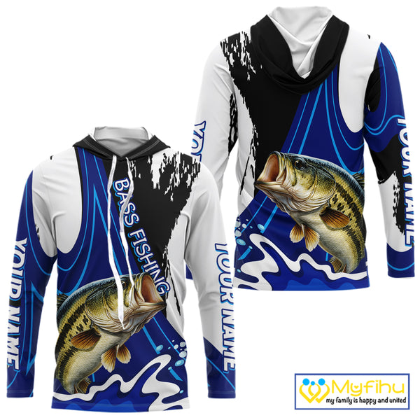 Bass Fishing Jersey Personalized Name Hooded Fishing Shirt, Angler Tournament Fishing Apparel NHT867