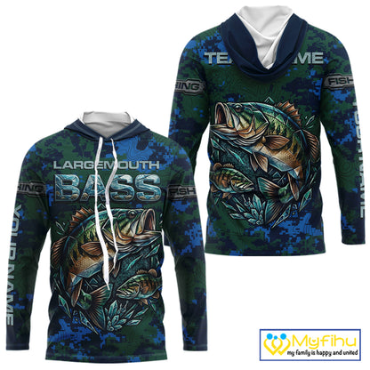 Green Camo Bass Fishing Shirt Long Sleeve Hooded, Bass Fishing Jersey, Performance Fishing Apparel NHT877