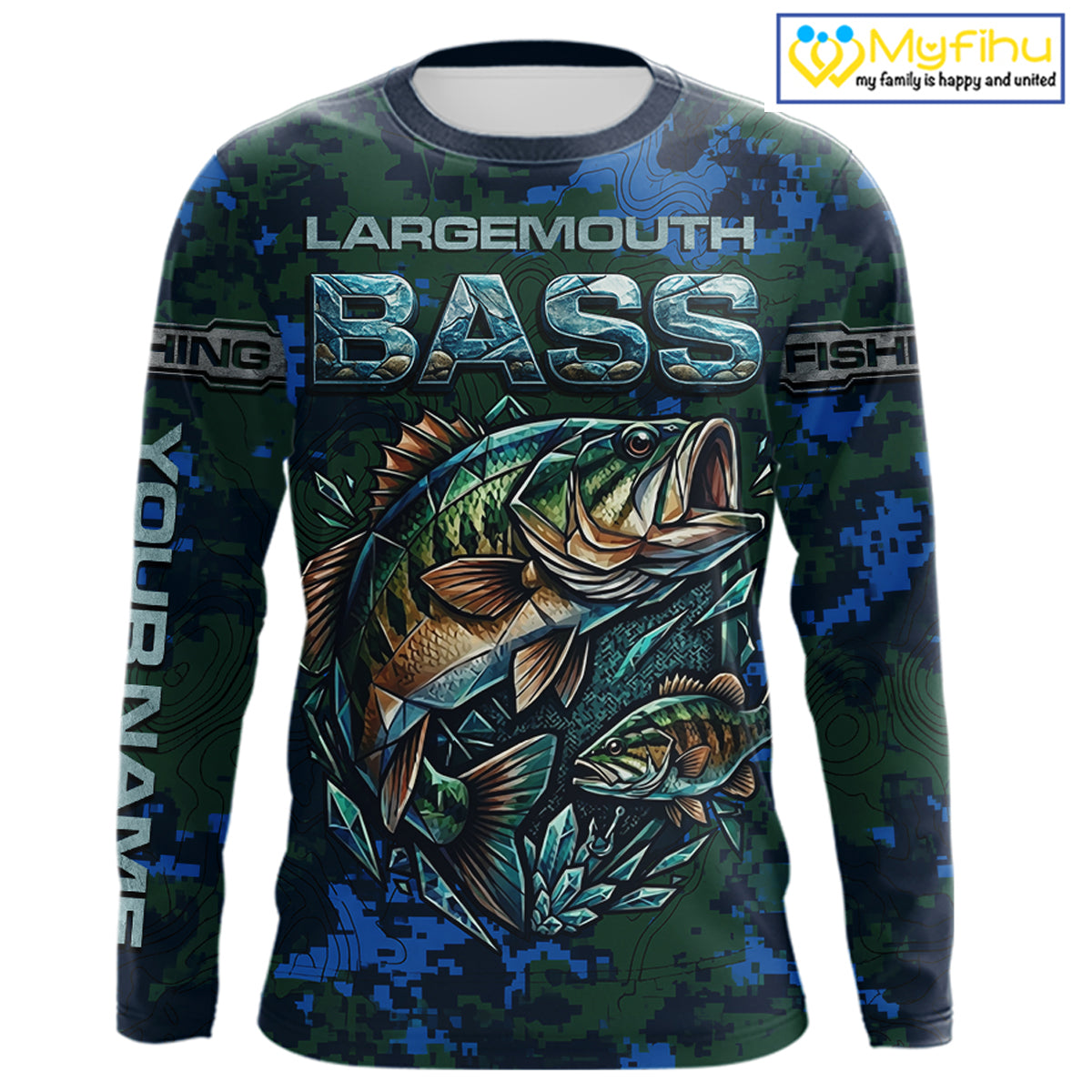 Green Camo Bass Fishing Shirt Long Sleeve, Bass Fishing Jersey, Performance Fishing Apparel NHT877