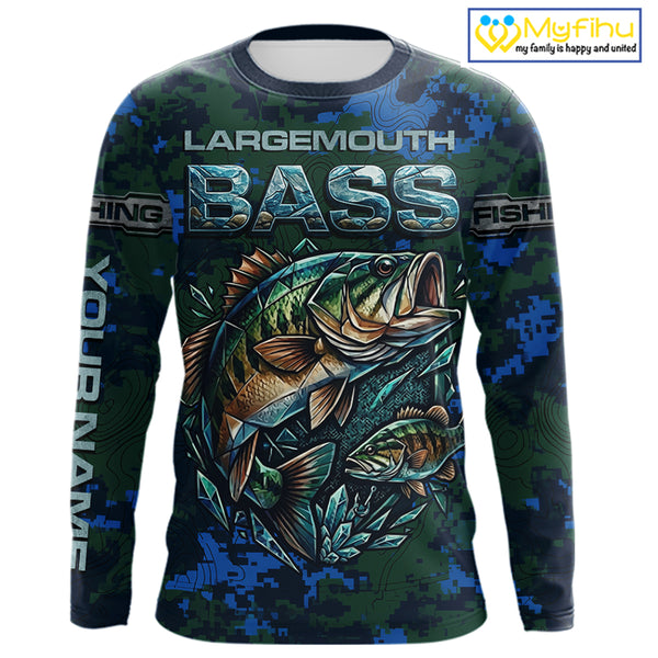 Green Camo Bass Fishing Shirt Long Sleeve, Bass Fishing Jersey, Performance Fishing Apparel NHT877