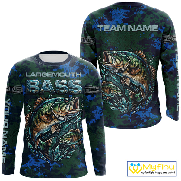 Green Camo Bass Fishing Shirt Long Sleeve, Bass Fishing Jersey, Performance Fishing Apparel NHT877