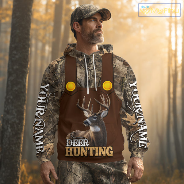 Deer Hunting Hoodie & Sweatshirt – Brown Bib Overalls Style with Custom Name Camo Design NHT346