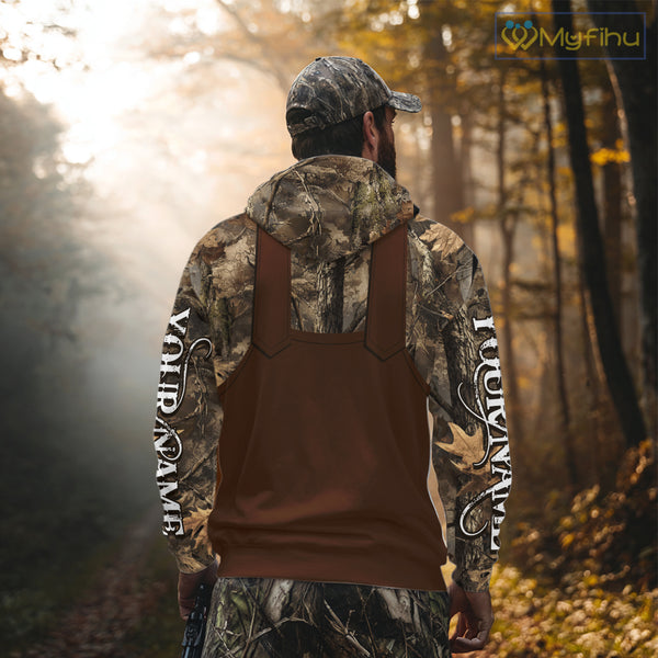 Deer Hunting Hoodie & Sweatshirt – Brown Bib Overalls Style with Custom Name Camo Design NHT346