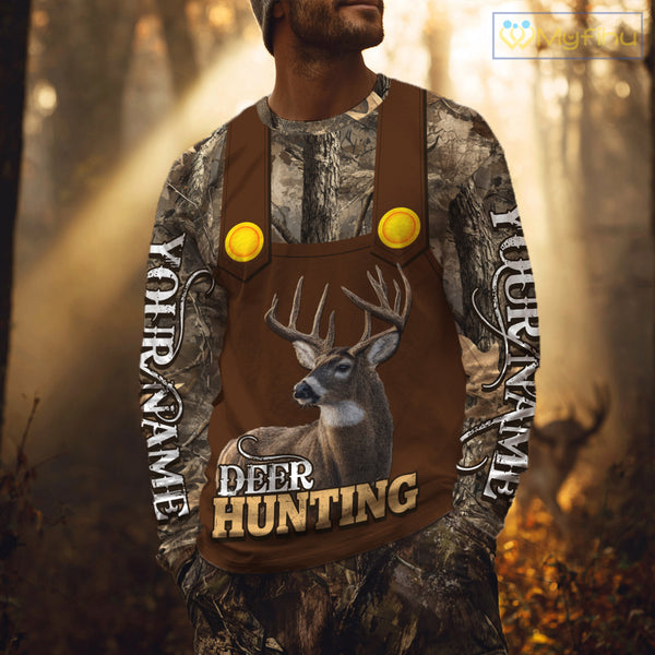Deer Hunting Hoodie & Sweatshirt – Brown Bib Overalls Style with Custom Name Camo Design NHT346
