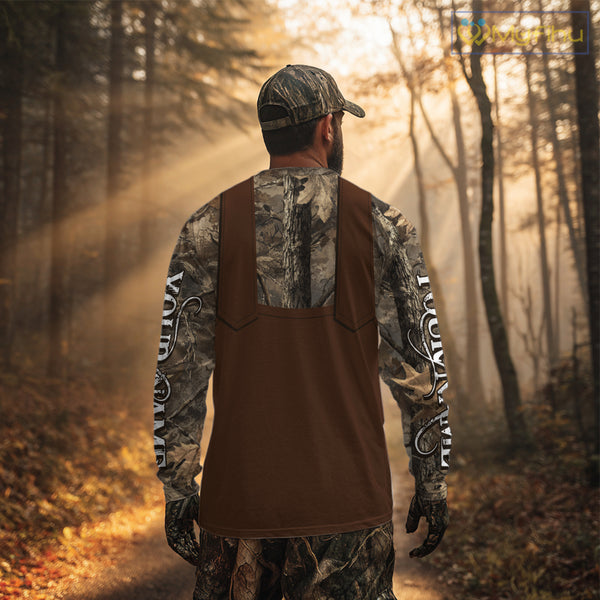 Deer Hunting Hoodie & Sweatshirt – Brown Bib Overalls Style with Custom Name Camo Design NHT346
