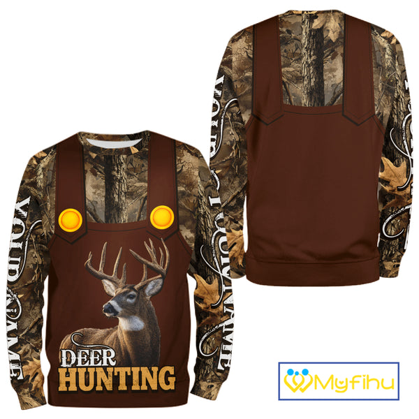 Deer Hunting Hoodie & Sweatshirt – Brown Bib Overalls Style with Custom Name Camo Design NHT346