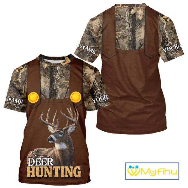 Deer Hunting Hoodie & Sweatshirt – Brown Bib Overalls Style with Custom Name Camo Design NHT346