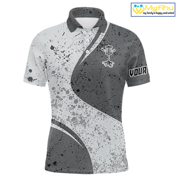 Mens Disc Golf Polo Shirt Gray Camo Disc Golf Basket, Personalized Disc Golf Shirts NHT896