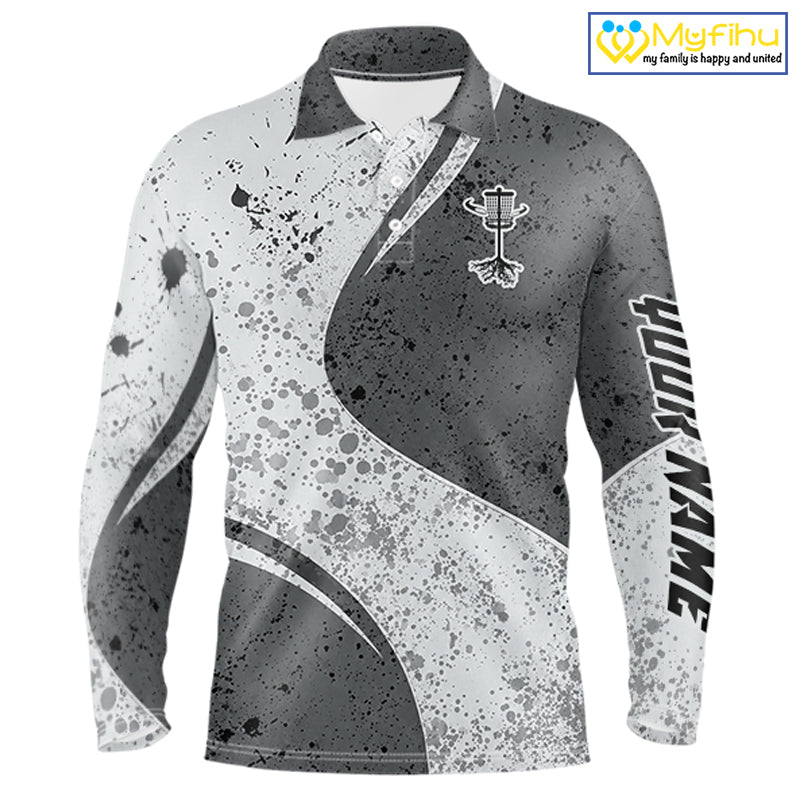 Mens Disc Golf Polo Shirt Gray Camo Disc Golf Basket, Personalized Disc Golf Shirts NHT896