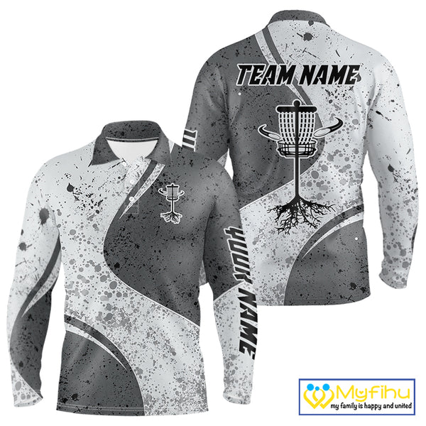 Mens Disc Golf Polo Shirt Gray Camo Disc Golf Basket, Personalized Disc Golf Shirts NHT896