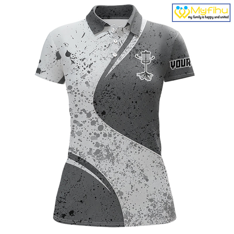 Womens Disc Golf Polo Shirt Gray Camo Disc Golf Basket, Personalized Disc Golf Shirts NHT896
