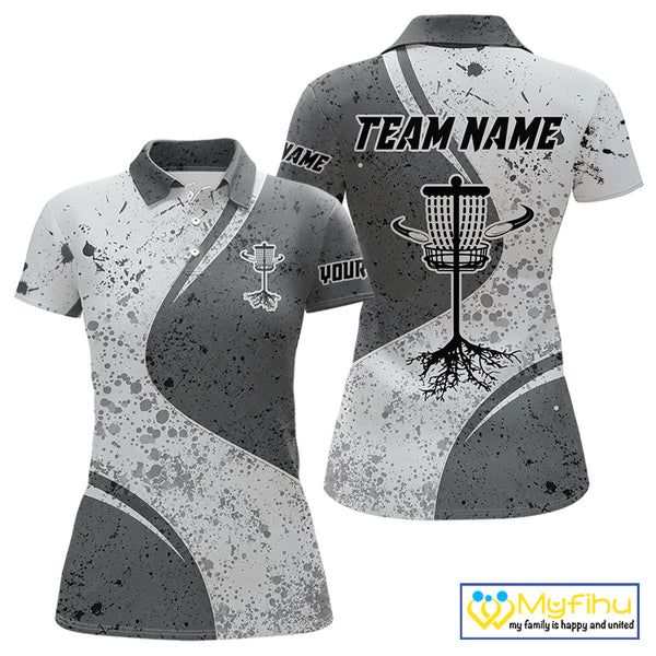 Womens Disc Golf Polo Shirt Gray Camo Disc Golf Basket, Personalized Disc Golf Shirts NHT896