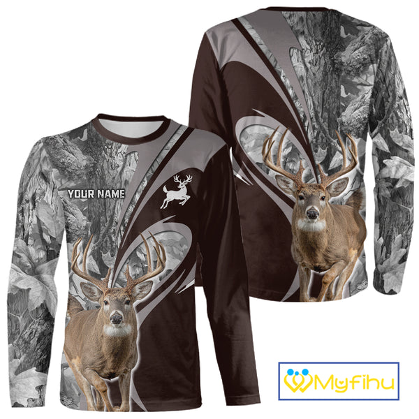 Whitetail Deer Hunting Clothes Custom Name Beautiful Gray Camo Hunting Gifts NHT209