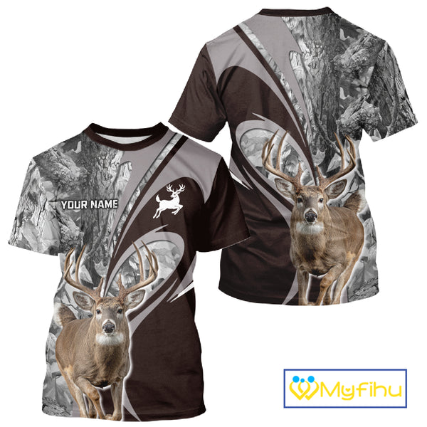 Whitetail Deer Hunting Clothes Custom Name Beautiful Gray Camo Hunting Gifts NHT209