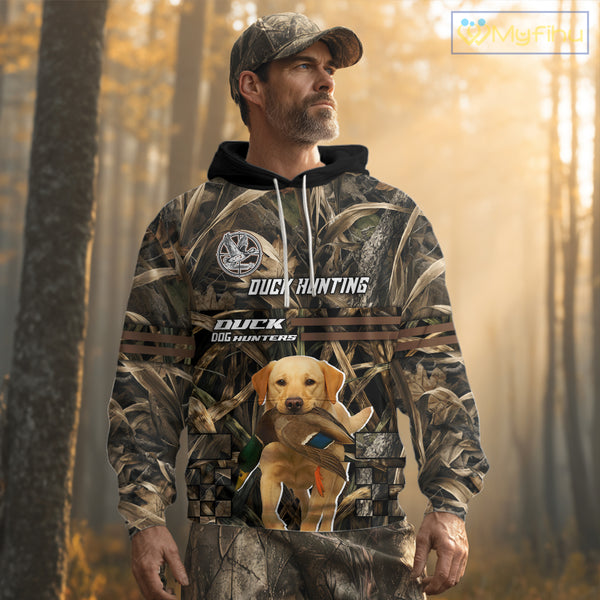 Yellow Lab 3D Shirt Retrieving Mallard Duck, Custom Name Duck Hunting Clothes NHT217