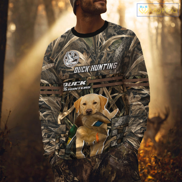 Yellow Lab 3D Shirt Retrieving Mallard Duck, Custom Name Duck Hunting Clothes NHT217