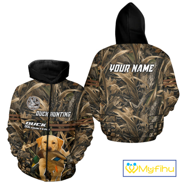 Yellow Lab 3D Shirt Retrieving Mallard Duck, Custom Name Duck Hunting Clothes NHT217