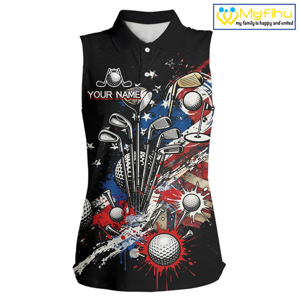 Patriotic Womens Sleeveless Golf Polo Shirt Custom USA Flag Golf Shirt, Golf Apparel Gift For Golfers NHT904