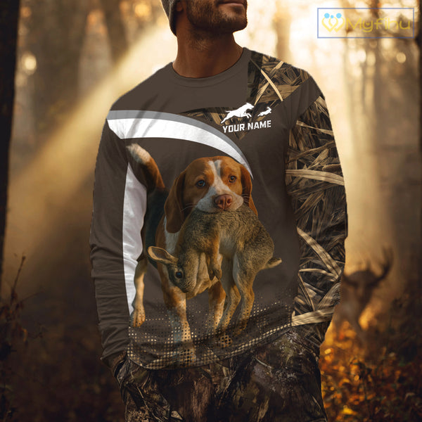 Brown Camo 3D Printed Beagle Dog Rabbit Hunting Shirt, Custom Name Hunting Gift NHT225