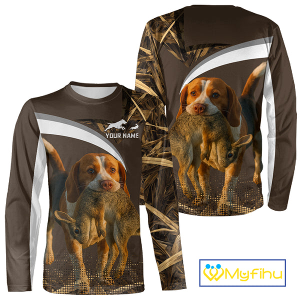 Brown Camo 3D Printed Beagle Dog Rabbit Hunting Shirt, Custom Name Hunting Gift NHT225