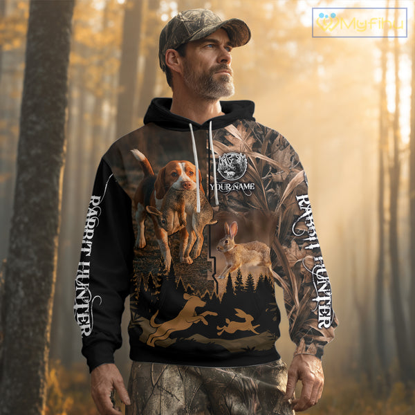 Best Brown Camo 3D Beagle Dog Rabbit Hunting Shirt, Custom Name Rabbit Hunter Clothing NHT231