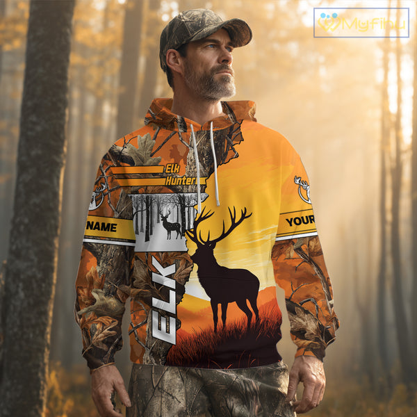 Elk Hunting Shirt Personalized 3D All Over Print Orange Autumn camo, Elk Hunting Shirt NHT137