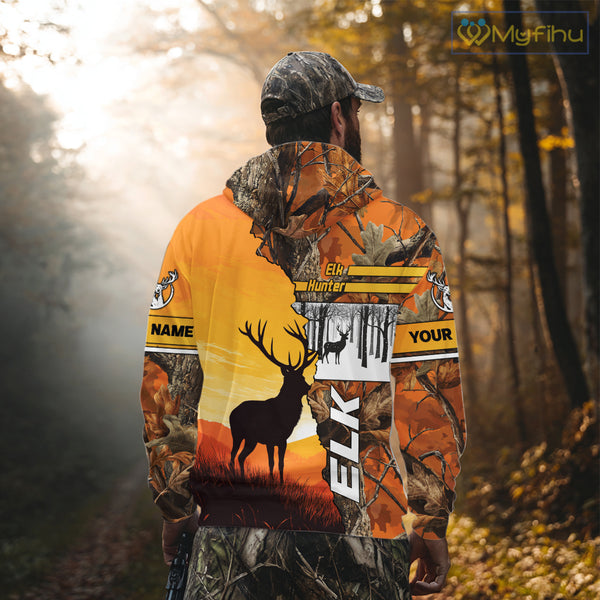 Elk Hunting Shirt Personalized 3D All Over Print Orange Autumn camo, Elk Hunting Shirt NHT137